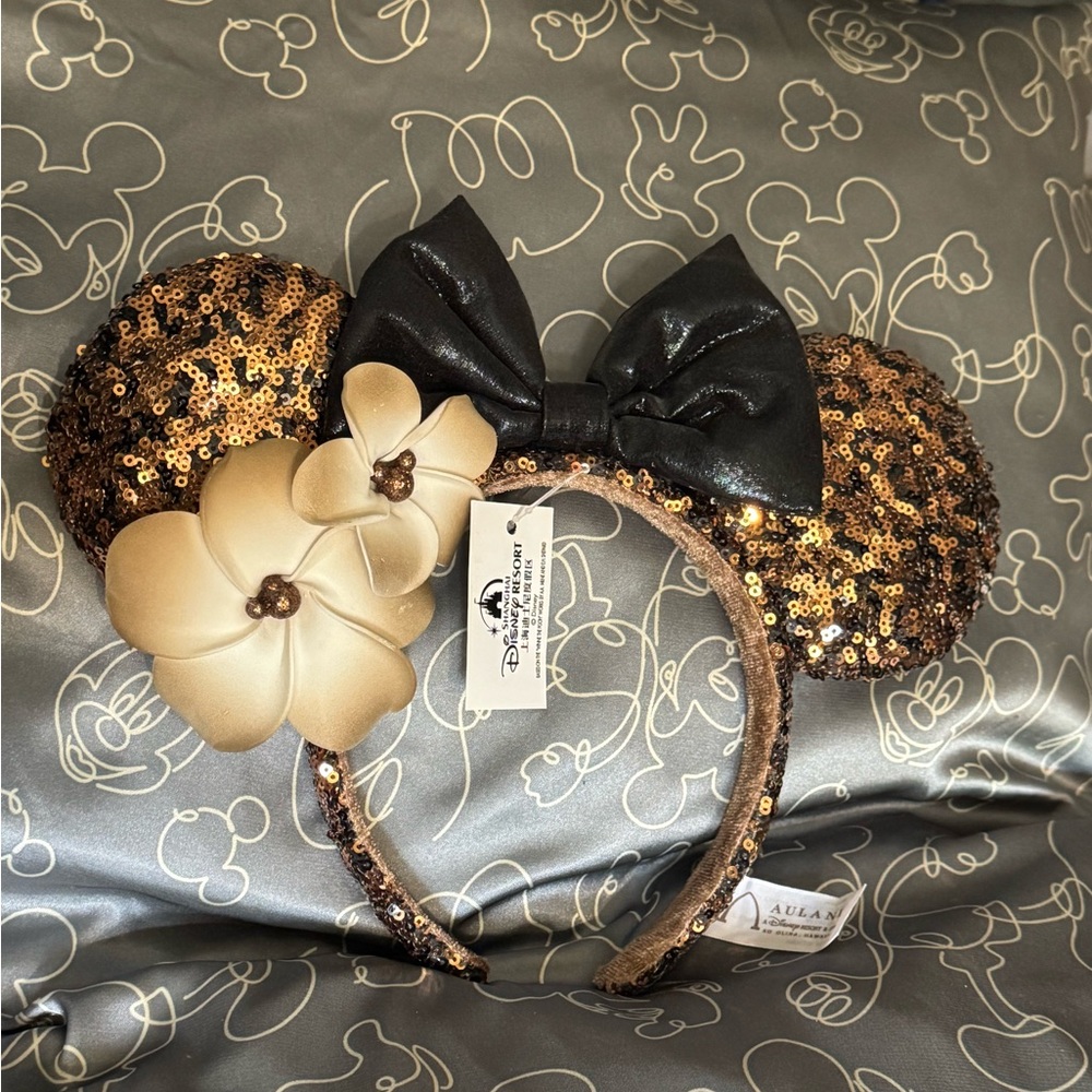 Disney Bronze Sequin Minnie Ears with Black Bow Aulani